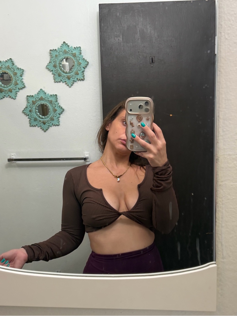SHEIN Brown Ribbed Twist-Front Long Sleeve Crop Top